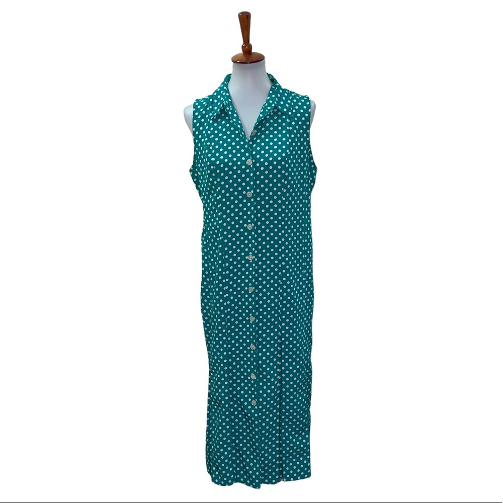 Vintage Halmode Petites Polka Dot Maxi Dress Pleated Green White Size 10P